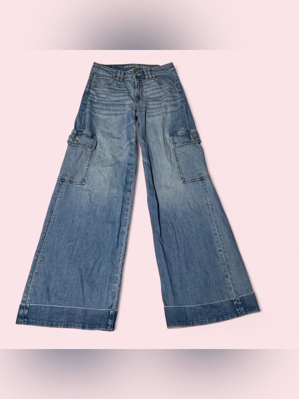 American Eagle Outfitters Medium Blue Super High Rise Baggy Wide Leg Cargo Jeans